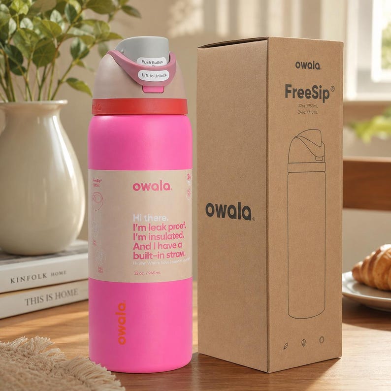 K&ouml;nnte beinhalten: Eine pinkfarbene Owala FreeSip Isolierflasche mit eingebautem Strohhalm und auslaufsicherem Design. Die Flasche hat einen Druckknopfdeckel und ein Fassungsverm&ouml;gen von 946 ml. Das Produkt wird neben seinem Karton pr&auml;sentiert.