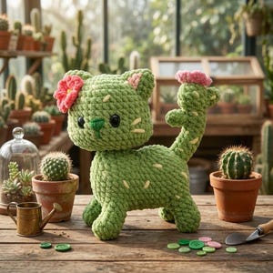 Könnte beinhalten: Eine handgefertigte grüne Häkelkatze mit Kaktus-Design. Die Katze hat eine rosa Blume auf dem Kopf und einen langen, gebogenen Schwanz. Sie sitzt auf einer Holzoberfläche mit kleinen Kakteen in Töpfen und Gartengeräten.