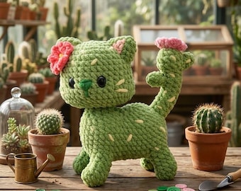 May include: A handmade green crochet cat with a cactus design. The cat has a pink flower on its head and a long, curved tail. It is sitting on a wooden surface with small potted cacti and gardening tools.