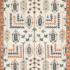 Hand Knitted Floral Area Rug, Cream & Rust Carpet, Botanical Geometric Rug, Handmade High Pile Rug, Living 50% OFF offer