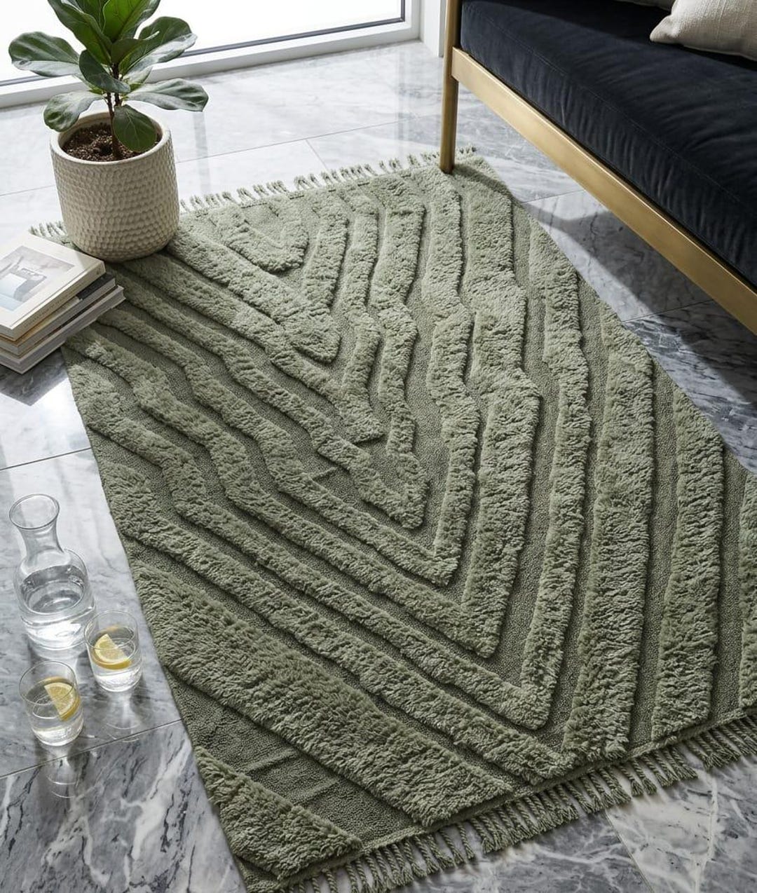 Olive Green Hand Knotted Rug – Modern Geometric Textured Carpet, Luxury ...