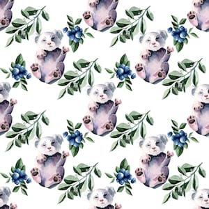 May include: Watercolor pattern featuring a repeating design of sleeping bear cubs in shades of purple and gray. The cubs are surrounded by sprigs of green leaves and clusters of blue blueberries, all set against a white background.