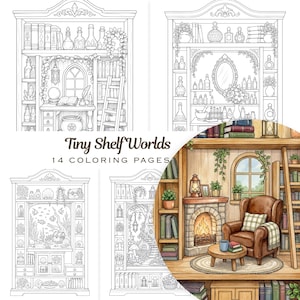 Tiny Shelf Worlds Coloring Pages for Adults (14 Pages) (Digital Download)