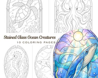 Dibujos para colorear de criaturas marinas en vidrieras para adultos (10 páginas) (Descarga digital)