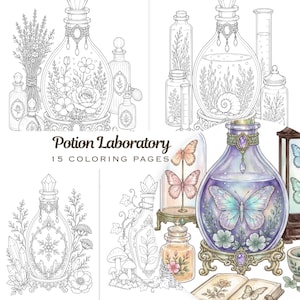 以下が含まれることがあります： 「Potion Laboratory 15 Coloring Pages」と題された塗り絵のコレクション。花、蝶、クリスタル、植物の要素で満たされたガラス瓶、ジャー、小瓶の線画とカラーイラストが描かれています。