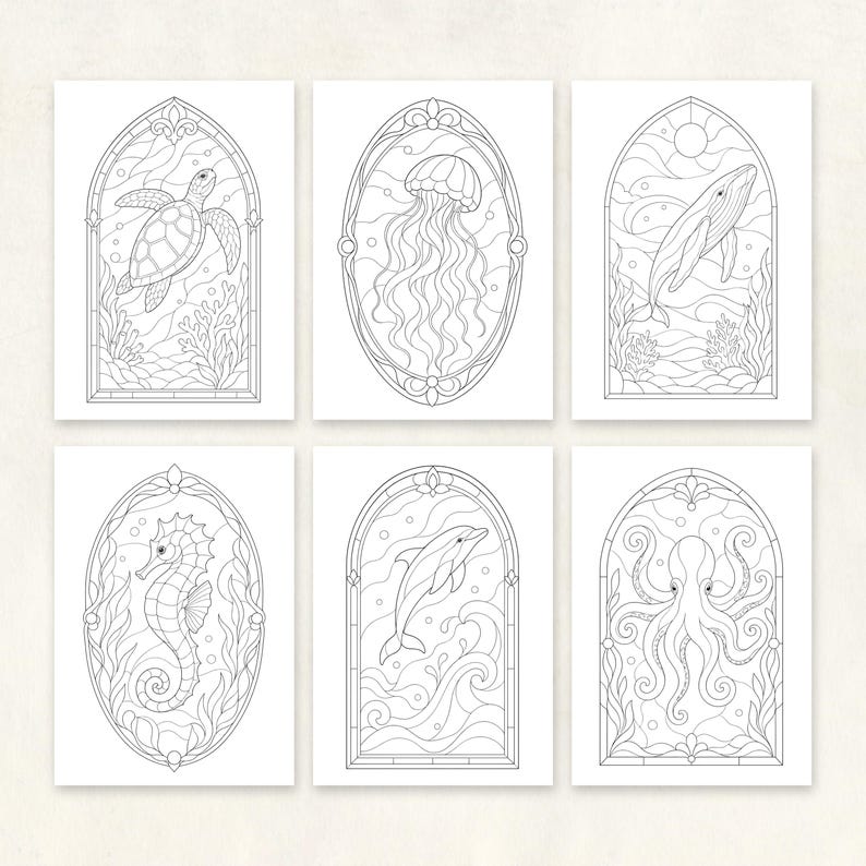 Stained Glass Ocean Creatures Coloring Pages for Adults (10 Pages ...