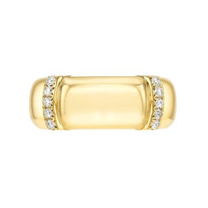 May include: A wide yellow gold band ring featuring a smooth, polished center section flanked by two vertical rows of small, round, clear white diamonds set into the gold on both the left and right sides of the main band surface.