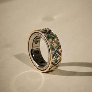 以下が含まれることがあります： バゲットカットのエメラルド、スクエアカットのブルーサファイア、小さなラウンドカットのホワイトダイヤモンドを幾何学模様に埋め込んだ幅広のゴールドリング。リングの内側は滑らかで光沢のあるシルバーカラーの金属製です。