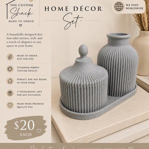 May include: A gray home decor set featuring a ribbed texture, consisting of a lidded jar and a vase on an oval tray. The text on the image includes "THE CUSTOM SHACK", "HOME DÉCOR SET", "MADE TO ORDER", "WE POST WORLDWIDE", and "$20 EACH".