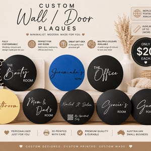 May include: A collection of circular custom wall and door plaques in black, blue, and gold colours. The plaques feature white or gold text including The Beauty Room, Jeremiah's Room, The Office, The Bathroom, Mom & Dad's Room, Nailed It Salon, Gracie's Room, and Guest Room.