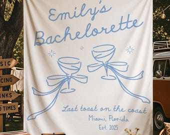 Personalized Custom Bachelorette Tapestry, Blue Bow Martini Beach Party Backdrop, Coastal Bride Weekend Decor, Custom Miami Girls Trip Decor