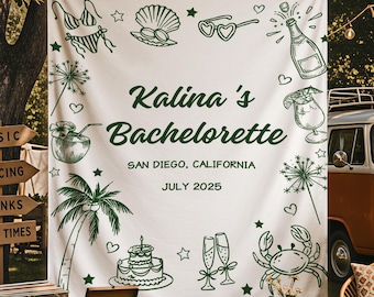 Personalized Tropical Bachelorette Tapestry,Custom San Diego Beach Party Backdrop,Palm Shell Cocktail Bride Weekend Decor,Girl Weekend Decor