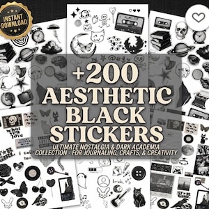 May include: A selection of over 200 aesthetic black stickers featuring diverse designs such as skulls, moons, butterflies, and cassette tapes. These stickers are perfect for journaling, crafts, and creative endeavours. The image also includes the text "Instant Download".