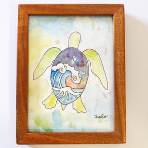 Handmade Turtle Watercolor Painting in Hawaiian Koa Wood Frame