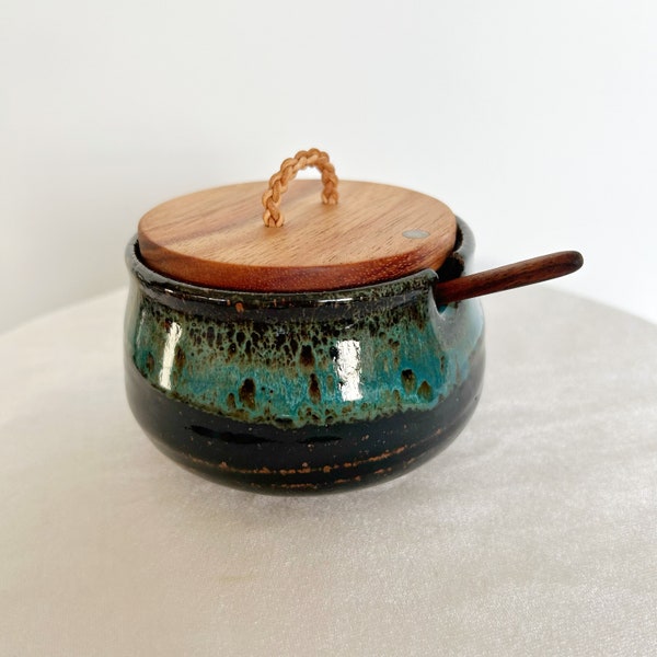 Hand Thrown Ceramic Salt Cellar with Hand Carved Koa Wood Spoon and Lid Inlayed with Abalone Shell and Hand Woven Leather Cord