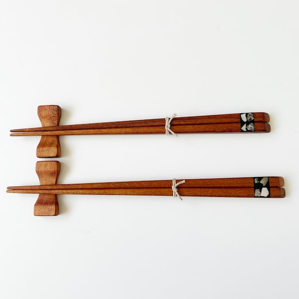 His and Hers Shell Inlay Hawaiian Koa Wood Chopsticks Set with Holder