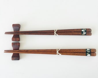 His and Hers Shell Inlay Hawaiian Koa Wood Chopsticks Set with Holder