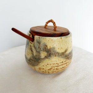 Hand Thrown Ceramic Salt Cellar with Hand Carved Koa Wood Spoon and Lid Inlayed with Abalone Shell and Hand Woven Leather Cord