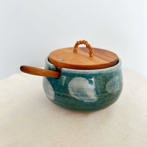 Hand Thrown Ceramic Salt Cellar with Hand Carved Koa Wood Spoon and Lid Inlayed with Abalone Shell and Hand Woven Leather Cord