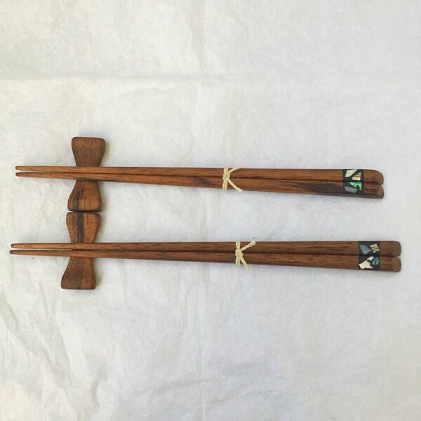 His and Hers Shell Inlay Koa Wood Chopsticks Set with Holder