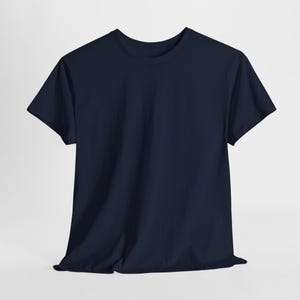 May include: A navy blue, short-sleeved t-shirt. The shirt is made of a soft material and has a classic crew neck design. The fabric drapes gently, suggesting a comfortable fit. The solid color makes it a versatile wardrobe staple.