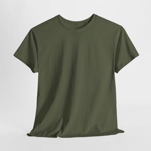 May include: Olive green crew neck t-shirt. The short-sleeved shirt is made of a soft, lightweight fabric. The t-shirt is a solid color and has a classic, casual style.