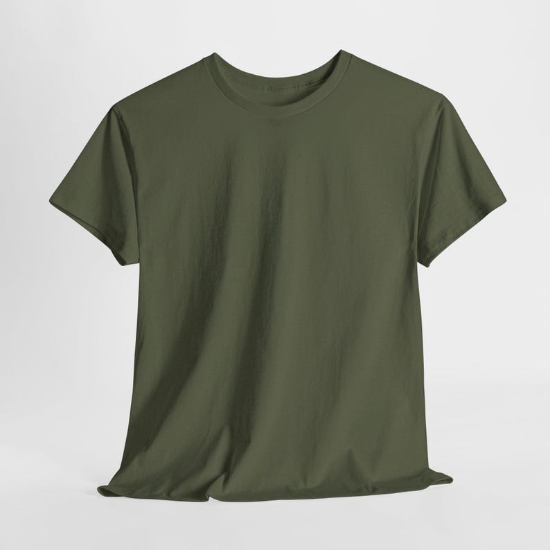 May include: Olive green crew neck t-shirt. The short-sleeved shirt is made of a soft, lightweight fabric. The t-shirt is a solid color and has a classic, casual style.
