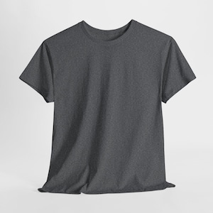 May include: A dark gray, short-sleeved t-shirt. The shirt has a crew neck and a simple, classic design. The fabric appears to be a soft, textured material.