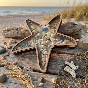 ヒトデの木製ディスプレイボックス、シーグラス、貝殻、サメの歯、ビーチの宝物、記念品、海岸風のホームデコレーションギフト用のアクリル製シャドーボックス