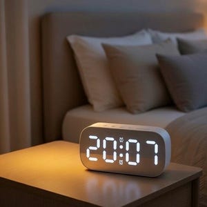 May include: A white digital alarm clock displaying 20:07 with a glowing white display. The clock sits on a wooden nightstand next to a bed with pillows and a beige headboard. The room is dimly lit.