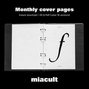 Op de afbeelding: Een open ringbandplanner met witte pagina's met de tekst Monthly cover pages, Instant download / A5 & Half Letter (6 versions), February, de kleine letter f, en de merknaam miacult onderaan weergegeven.