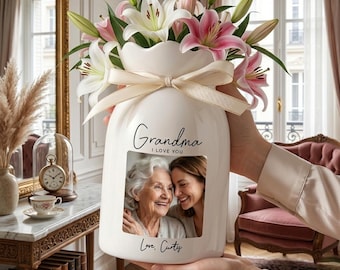 Custom Picture Vase for Mom, Personalized Photo Flower Vase, Mothers Day Gift from Daughter, Grandma Birthday Gift, Ceramic Family Keepsake