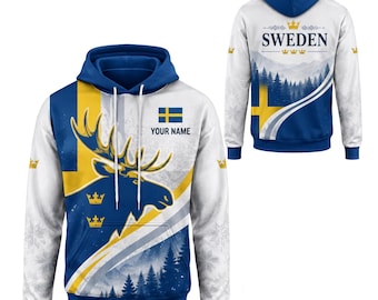 Sudadera con capucha personalizada de Suecia, con nombre personalizado y estampado integral de la bandera sueca del alce. Regalo ideal.