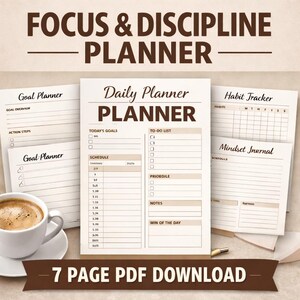 Op de afbeelding: Een planner met de tekst "Focus & Discipline Planner" bovenaan. De afbeelding toont een "Daily Planner" met secties voor doelen, takenlijsten en een schema. Er zijn ook pagina's voor "Goal Planner", "Habit Tracker" en "Mindset Journal".