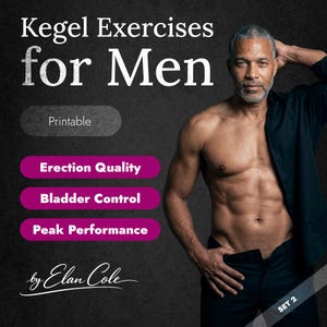 May include: Image promoting Kegel exercises for men. The text includes "Kegel Exercises for Men," "Printable," and benefits like "Erection Quality," "Bladder Control," and "Peak Performance." A muscular man is featured in the image.