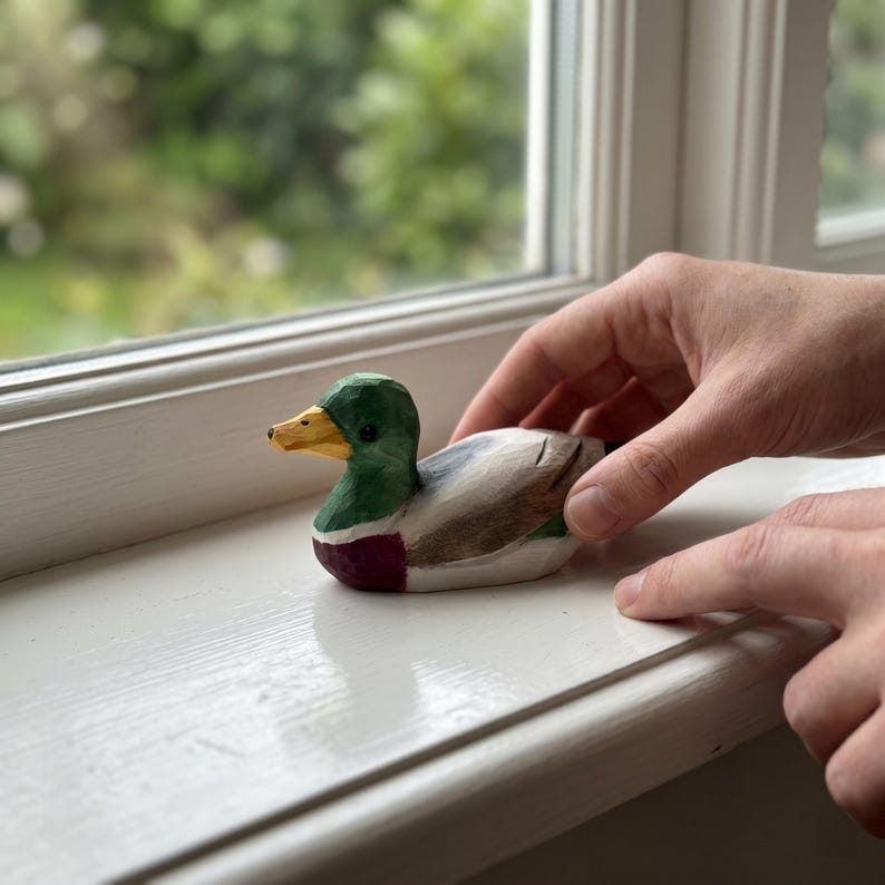 Hand Carved Wooden Duck Figurine-Mini Mallard Sculpture for Home and Desk Decor image 5