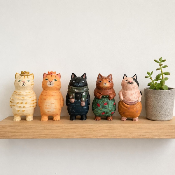 Hand Carved Wooden Cat Figurine Toy: Quirky Miniature Desk Decor & Cat Lover Gift