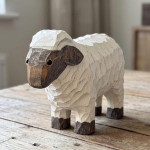 May include: A hand-carved wooden sheep figurine featuring a textured white body with visible chisel marks. The sheep has a dark brown face, ears, and lower legs, with smooth, rounded features and a solid, standing posture on four legs.