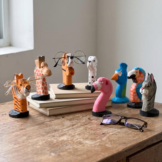 Hand Carved Wooden Animal Eyeglass Stand: Creative Basswood Desktop Organizer