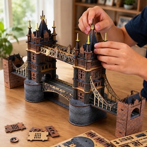 May include: A detailed wooden model of the Tower Bridge in London, featuring brown, black, and gold accents. The model is partially assembled, with pieces scattered around. The bridge has intricate architectural details and is set on a wooden surface.