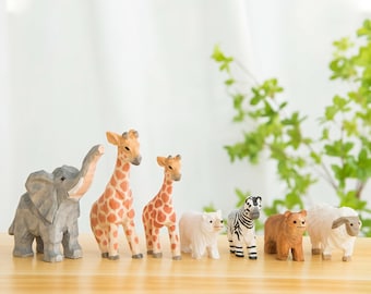 Figuritas de animales de madera talladas a mano - Decoración de escritorio con temática de safari pintada