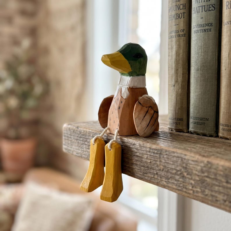 May include: A hand-carved wooden duck figurine with a green head, yellow beak, and brown body. The duck features a white neck collar, carved wing details, and two dangling yellow legs attached by white cords, designed to sit on a shelf edge.