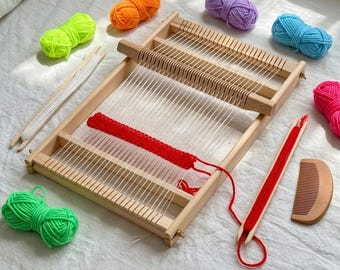 Kit de telar de madera natural para principiantes: juguete para manualidades textiles con lanzaderas e hilo.