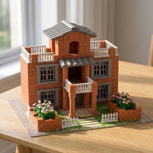 May include: A miniature brick house model with a grey roof, white railings, and window frames. The two-storey house has a small balcony and is surrounded by miniature flower beds and a white picket fence. The model sits on a grey base.