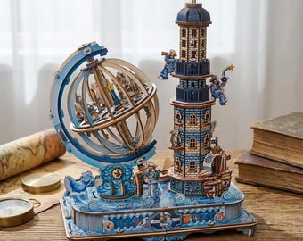 Blue Nautical Lighthouse 3D Wooden Puzzle: Mechanical Globe DIY Desk Decor