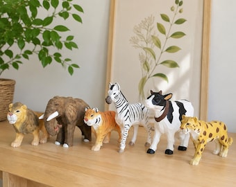 Hand Carved Wooden Animal Figurine - Painted Safari Desk Decor Toy