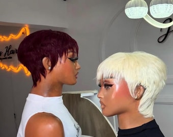 Short Pixie Cut Human Hair Wig: Textured Layered Bob with Bangs