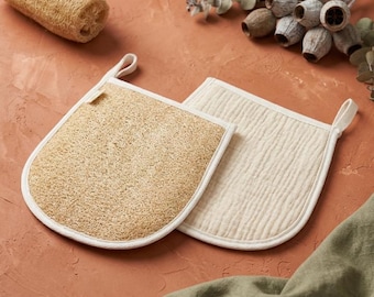 Guante de baño de lufa natural / Guante exfoliante de ducha con tela de rizo / Estropajo corporal ecológico
