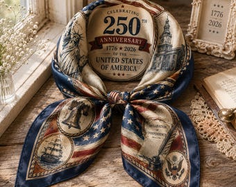 America 250 Anniversary Satin Scarf, Patriotic USA Silk Feel Scarf, 1776 2026 Americana Head Scarf, Fourth of July Fashion Accessory Gift