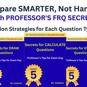 Puede incluir: Gráfico con el texto "Prepare SMARTER, Not Harder with PROFESSOR'S FRQ SECRETS". Debajo, tres portadas de libros con los títulos "Secrets for DRAW Questions", "Secrets for CALCULATE Questions" y "Secrets for EXPLAIN Questions".